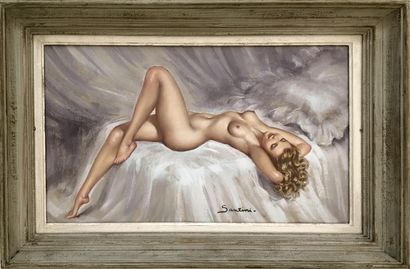 null SANTINI. Reclining woman. Pastel on paper, 37 x 60 cm. Signed at the bottom...