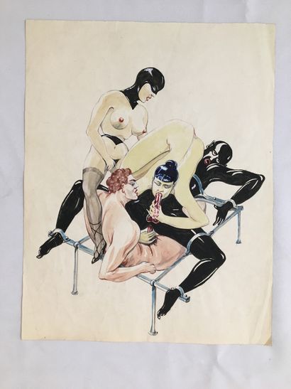 null [Unidentified artist]. Scenes of domination, circa 1950. 9 original watercolors...