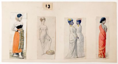 null [PROSTITUTION]. Filles de joie, ca. 1860. 4 small watercolors and pencil, about...