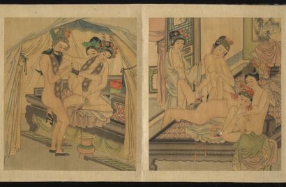 null CHINE. vers 1900. Album de douze encres couleur sur soie illustrant des couples...