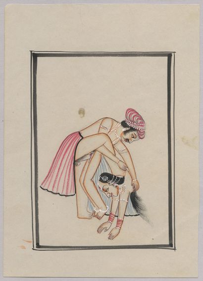 null INDE. Kamasutra, xxe siècle. 2 dessins à la goauche et à l'aquarelle, 10 x 15...