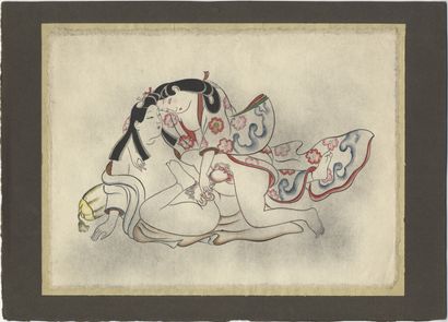 null JAPON. Époque Meiji (1868-1912). Éventail sur papier à décor de scènes érotiques....