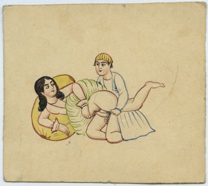 null PERSE. Scènes d'accouplement sur un coussin, xxe siècle. 2 dessins à l'aquarelle...