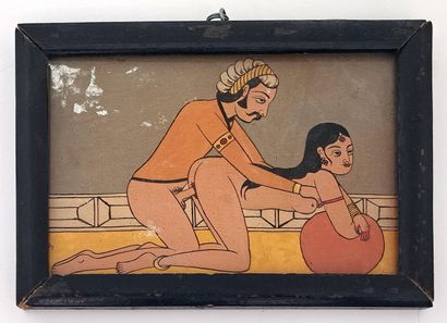 null INDE. Kama-sutra, milieu du xxe siècle. Quatre dessins à la gouache fixés sous...