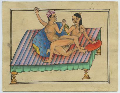 null INDE. Kama-sutra, xxe siècle. Série de 6 dessins à la gouache sur carton, 12,5...