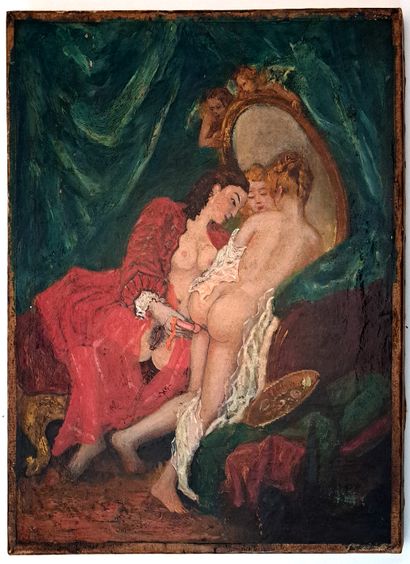 null LESBOS. [Artiste non identifié]. Scène de boudoir, vers 1920. Huile sur toile,...