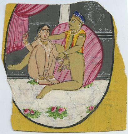 null INDE. Kama-sutra, xxe siècle. Dessin à la gouache sur carton, 12,5 x 12 cm....
