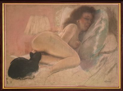 null CURIOSA. Maurice REGAD (actif au xxe siècle). Le Chat noir, vers 1940. Pastel...