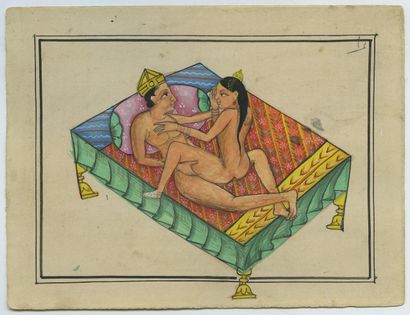 null INDE. Kama-sutra, xxe siècle. Série de 6 dessins à la gouache sur carton, 12,5...