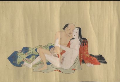 null JAPON. Milieu Époque Edo (1603-1868). Rouleau sur papier à décor de douze couples...