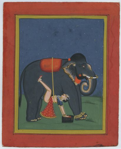 null INDE. Accouplement à l'éléphant, xxe siècle. Dessin à la gouache sur papier,...