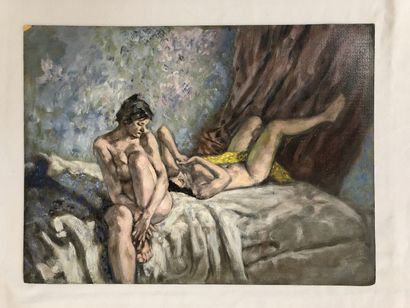 null RUSSIE. Serge IVANOFF (1893-1983). Deux femmes sur un lit. Huile sur carton,...