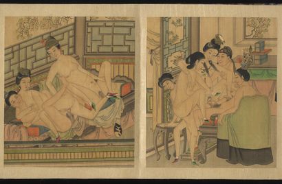 null CHINE. vers 1900. Album de douze encres couleur sur soie illustrant des couples...