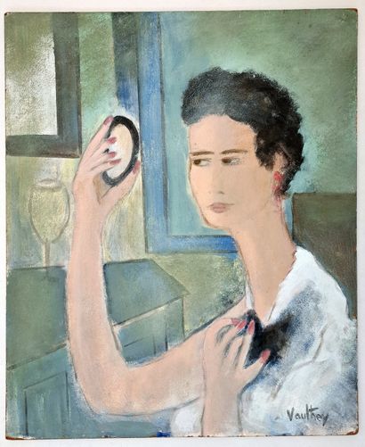 null Pierre VAUTHEY (1937-2019). Femme au miroir, vers 1970. Huile sur isorel, 55...