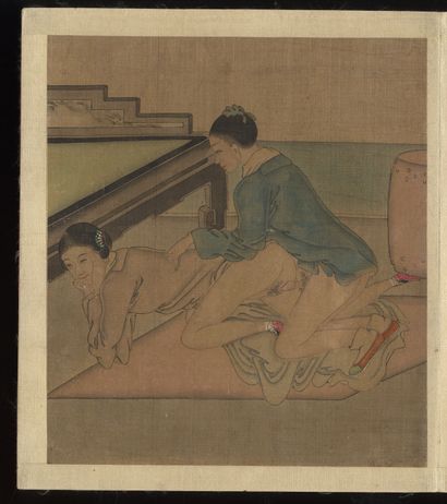 null CHINE. vers 1900. Album de douze encres et couleur sur soie illustrant des couples...