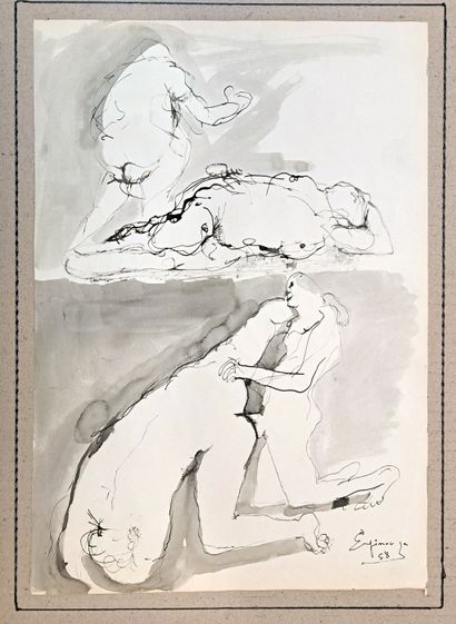 null Henri ESPINOUZE (1915-1982). Scènes de couples, 1958. Dessin au lavis, 44 x...