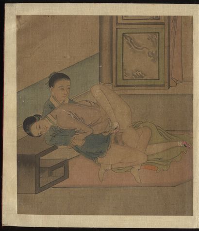 null CHINE. vers 1900. Album de douze encres et couleur sur soie illustrant des couples...