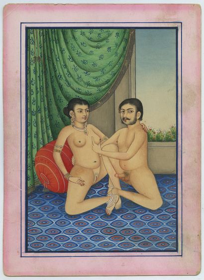 null Scène érotique
Pigments polychromes sur papier
Inde, probablement Delhi, XIXe...