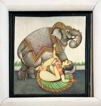 null INDE. Scène de bestialité, femme et son éléphant, xxe siècle. Peinture.11,5...