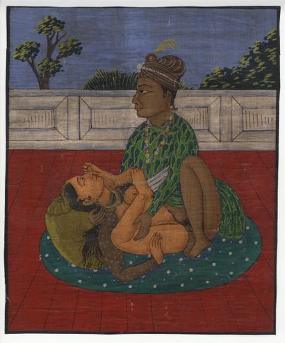 null NORD de l'INDE. Kama-sutra, xxe siècle. 2 dessins à la gouache sur tissu, 30,5...