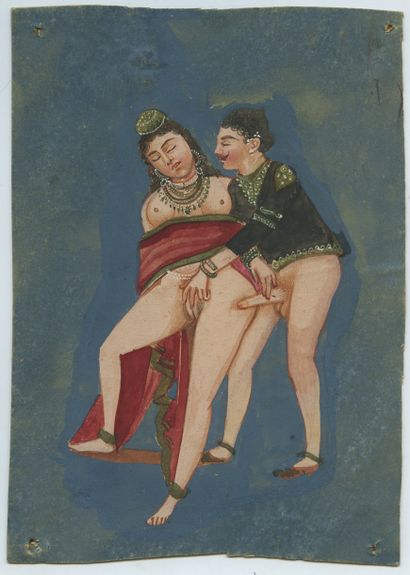 null IRAN. Les Caresses, xxe siècle. Dessin à la gouache sur carton, 16 x 11,5 c...