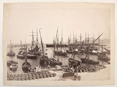 null BOATS. Unlocated harbor scene, circa 1880. Vintage silver print, 27.7 x 36.5...