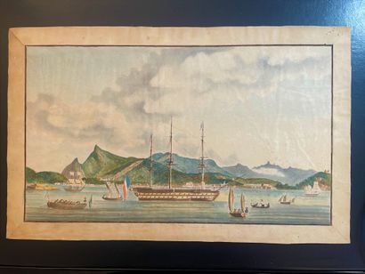 null French school of the 19th century View of a French ship in Port Louis, the capital...