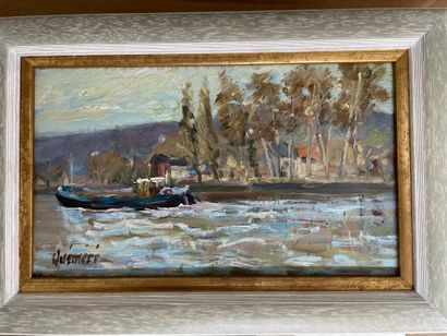 null Jean Quéméré (1942) Barge Oil on canvas 16 x 27 cm Signed lower left Framed