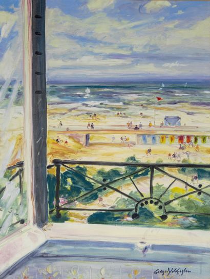 null Georges Yoldjoglou (born 1933) Seaside through a window Oil on canvas 63 x 51...