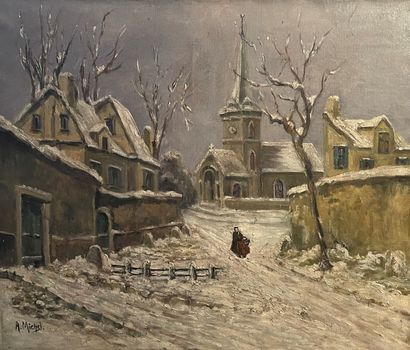 null A Michel (XXth) snow landscape, Oil on canvas Signed lower right 53 x 65 cm...