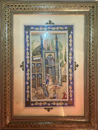 null Pair of Persian miniatures on ivory. In a frame imitating antique moucharabieh-style...