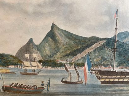 null French school of the 19th century View of a French ship in Port Louis, the capital...