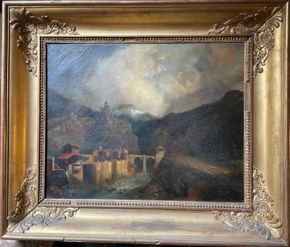 null 19th century French school Mountain landscape with suspension bridge Oil on...