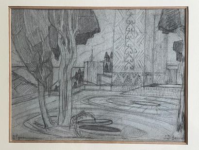 null Jean-Désiré BASCOULES (1886-1976) A garden in Algiers Black stone drawing on...