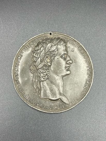 null Pewter medallion with effigy of Emperor Calligula in bust, noted around "Emperor...