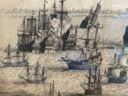 null Engraving depicting the battle of Cabañas between the Spanish fleet and the...