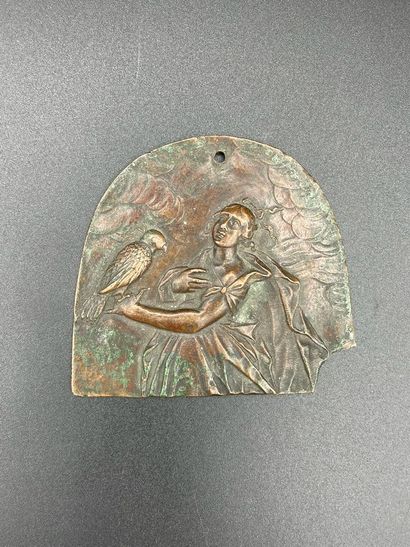 null Delightful little repoussé copper plate decorated with a woman in ecstasy holding...