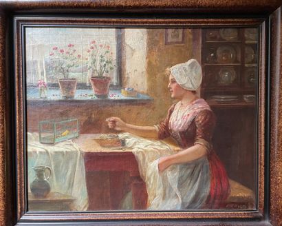 null J. Chartwin (?) The caged canary Oil on canvas Signed lower right 42 x 56 c...