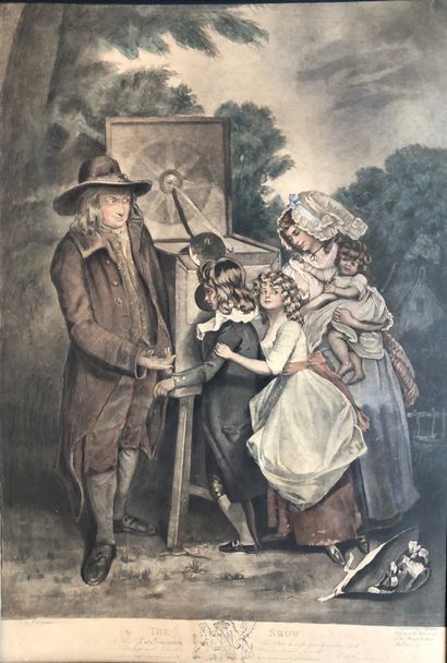 null English engraving: The show. Optical box showman with a lady and her children...