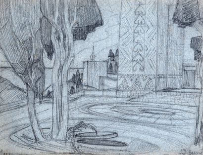 null Jean-Désiré BASCOULES (1886-1976) A garden in Algiers Black stone drawing on...