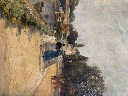 null Late 19th-century French school Promenade sur les quais de Seine Oil on canvas...
