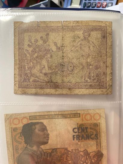 null Set of colonial banknotes including:
- Afrique Française Libre, 5 Francs, 1942,...