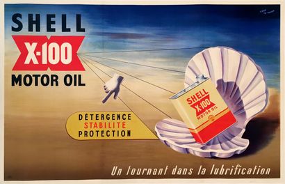 null VINTAGE POSTER. René le TEXIER. Shell X-100 motor oil. Detergency. Stability....