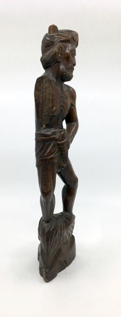 null ANTIQUE SCULPTURE. The Man with the Fish. Wood sculpture, 43 cm high. Significant...
