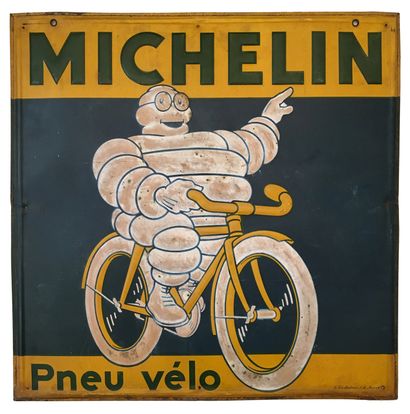 null BIBENDUM MICHELIN. Michelin bicycle tire. Enameled sheet metal plate, recto-verso,...