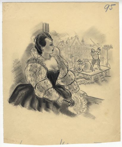 null Louis SCHEM (active between 1922 and 1956). Courtisane, circa 1935. Pencil and...