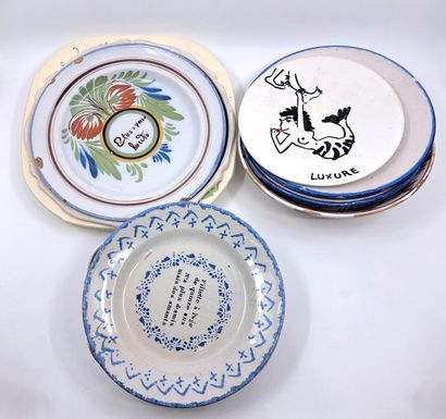 null VANISSELLE. HUMOR. 14 mismatched earthenware plates. Humorous decorations, various...