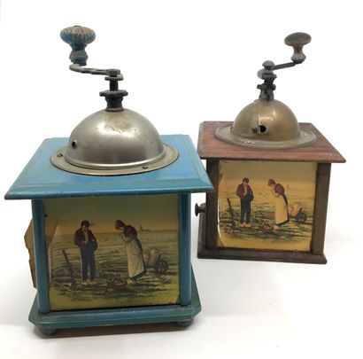 null ANGELUS ET GLANEUSES by MILLET. 4 coffee grinders, 2 wall-mounted, wood and...