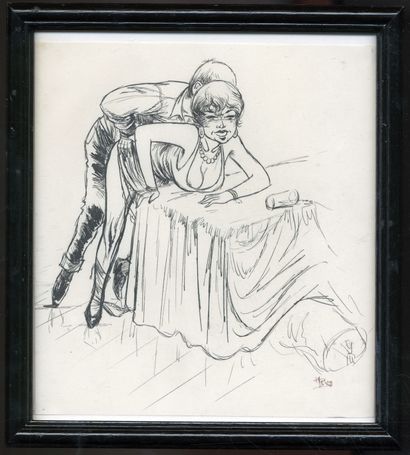 null Maurice RIGAT (20th century). Le Coin de table, circa 1980. Ink drawing, 18...