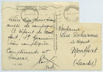  AUTOGRAPHES. Paul ELUARD (1895-1952) et Nusch ELUARD (1906-1946). Une carte postale... Gazette Drouot